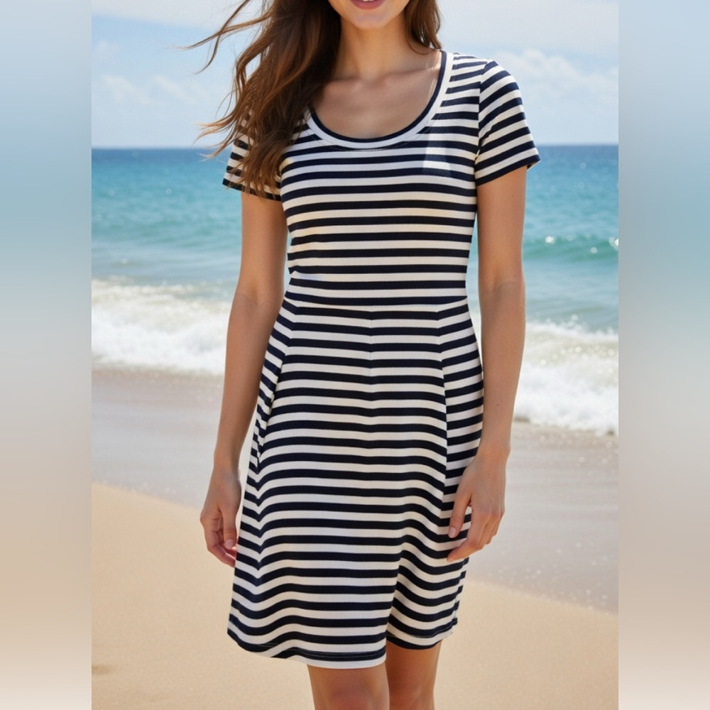 INC Coastal A-line Stripe Short Sleeve Midi dress sz M